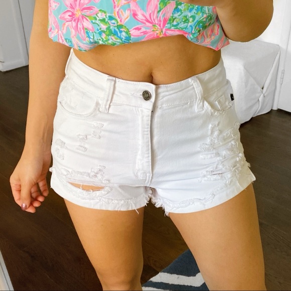 🐚 KANCAN WHITE DISTRESSED HIGH WAIST JEAN SHORTS! - Picture 2 of 14